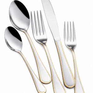 5-Piece Gold-Rim Decorative Silver Mirror-Polished Flatware Set