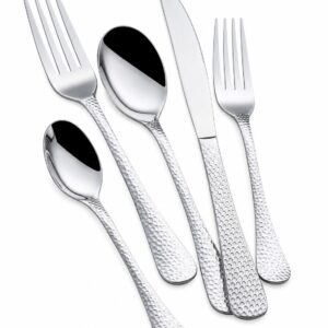 5-Piece Hammered Texture Silver Mirror-Polished Flatware Set